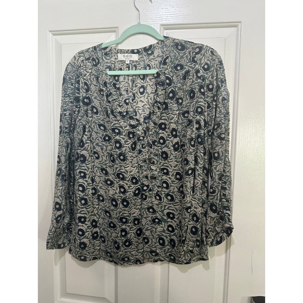 Sea New York Women's Green Floral Print Crew Neck Blouse Top Size 8